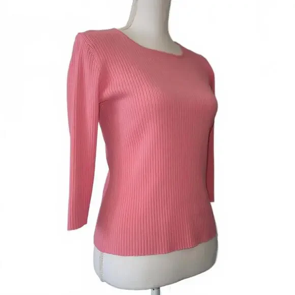 August Silk Vintage Ribbed Knit Womens 3/4 Sleeve Top Blouse Light Pink M - Picture 5 of 7